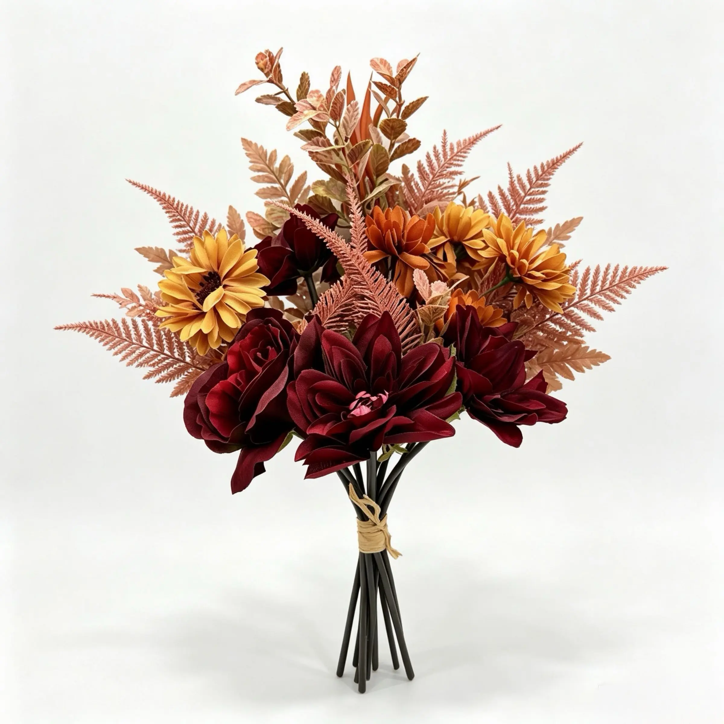 2 bundles Burgundy Orange Fall Artificial Flower Bouquet, Wine Red Dahlia Roses with Sunflowers & Pink Fern Leaves, Autumn Silk Fake Floral Bundle for Vase, Rustic Farmhouse Table Centerpiece, Thanksgiving Wedding Indoor Home Decor Gift