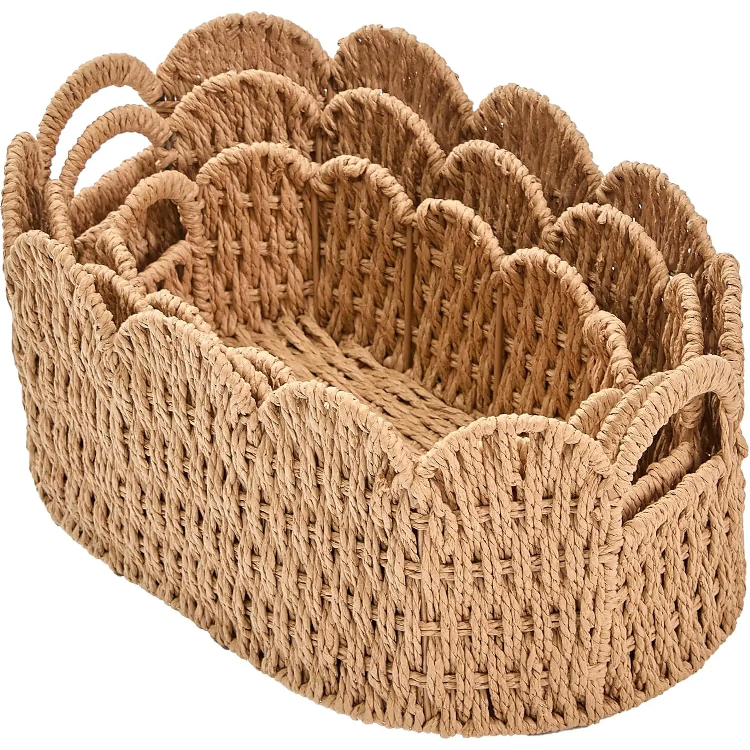 Scalloped Basket Set of 3 (Large, Medium, Small), Paper Rope Hand Woven Storage Basket for Shelves, Clothes, Towels and Laundry, Wicker Decorative Basket for Living Room Bedroom Organizing, Neutral