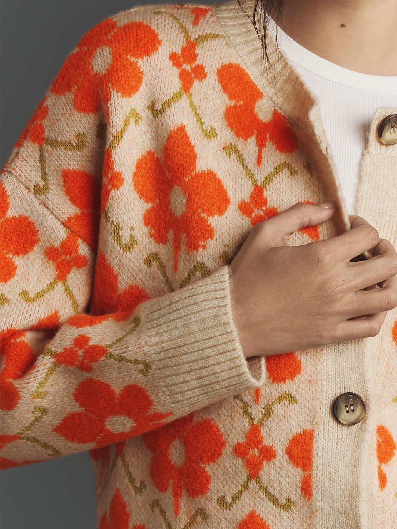 Vintage Floral Jacquard Knit Cardigan, Button Front Long Sleeve Sweater, Fitted Soft Comfortable Fall & Winter Fashion, Elegant Women's Outerwear Knitwear
