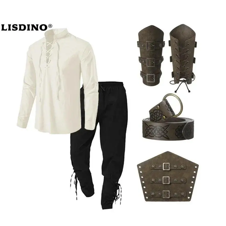 Men's 4-Piece Medieval Look Costume Set, Polyester Renaissance Clothes with Pirate Theme Shirt, Viking Belt, and Ankle Bands