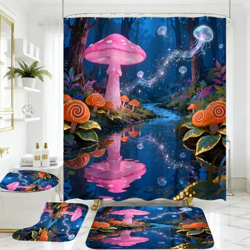 Bathroom Supplies 4-Piece Waterproof Polyester Shower Curtain Set, Non-Slip Rubber Rugs, Toilet Lid Cover, 12 Hooks, Magical Mushroom & Glowing Jellyfish Art, Surreal Forest Aesthetic Bath Decor, Washable, Easy Installation, Floral Accents, Gift Option
