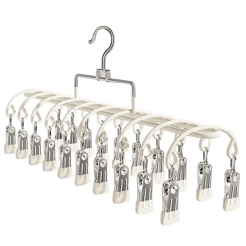 1 Set Double Row Stainless Steel Sock Drying Rack with 20 Clips, Windproof Multi Clip Hanger for Student Dorm & Balcony, Multifunctional Underwear Socks Laundry Organizer, Multiple Colors