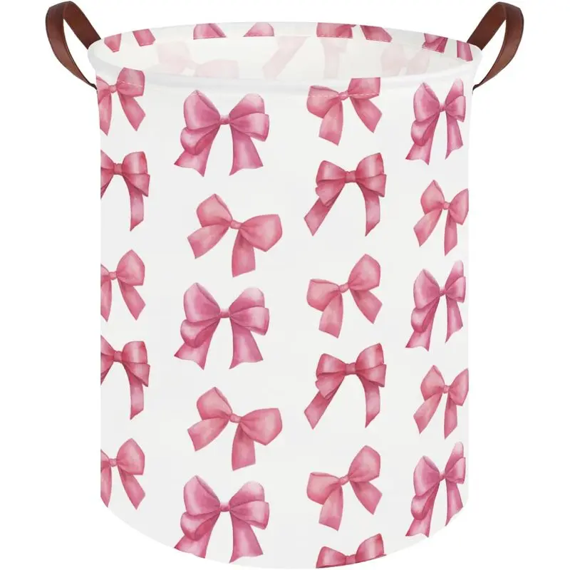 laundry basket for girls,Nursery Hamper,Pink Laundry Hamper,Waterproof collapsible canvas laundry basket for girls,Pink Girls Laundry Basket,Living Room Decor(Bowknot)