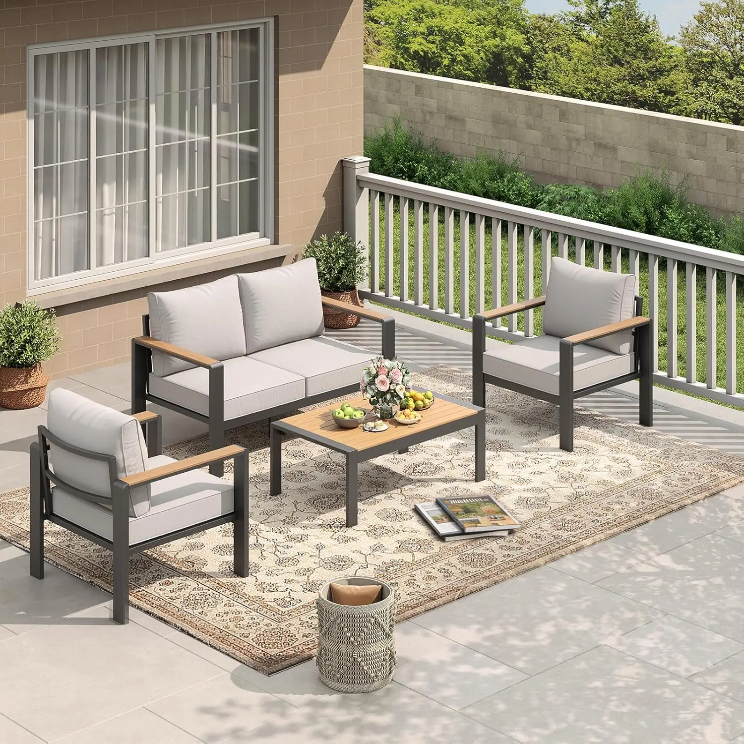 Comfortable 4-Seat Aluminum Patio Set – Outdoor Sectional, Washable Thick Cushions, Coffee Table Included – Perfect for Porch, Balcony, Deck, Yard