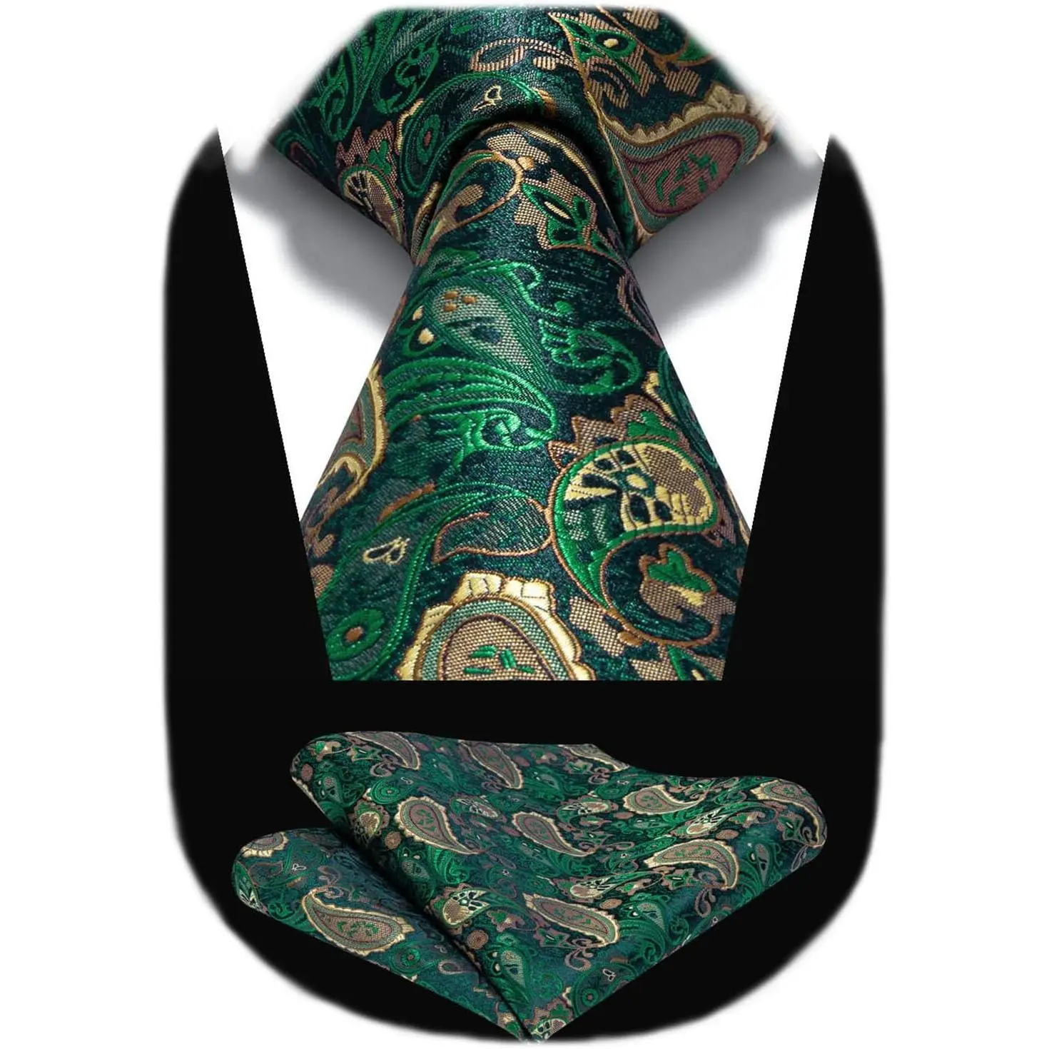 Green Ties for Men Paisley Mens Tie Pocket Square Woven Classic Floral Tie Handkerchief Set Tuxedo Wedding Formal Necktie Emerald Forest Green