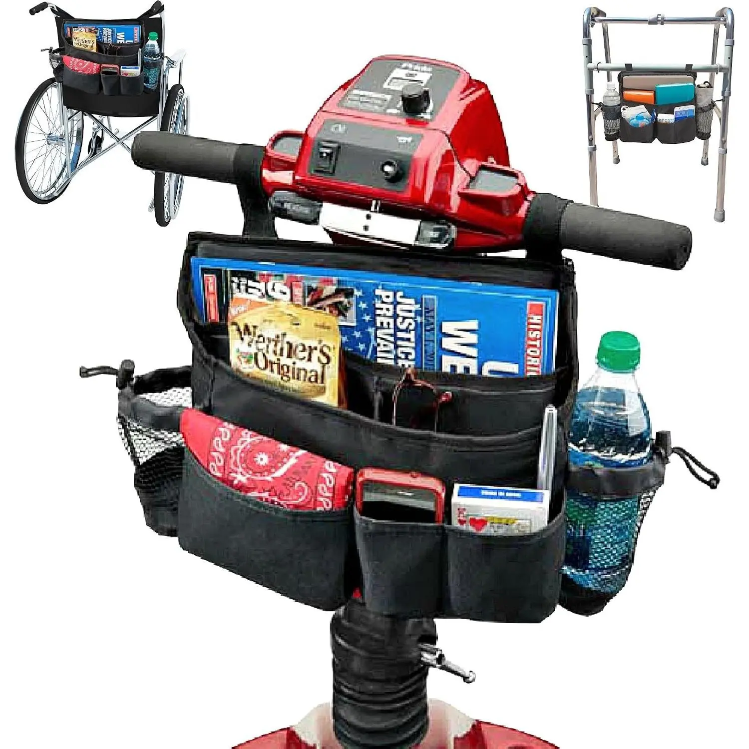 Mobility Scooter Bag, Walker Caddy and Wheelchair Storage Bag - 8-Pocket Mobility Organizer with Bottle and Cup Holder for Wheelchairs, Walkers and Scooters