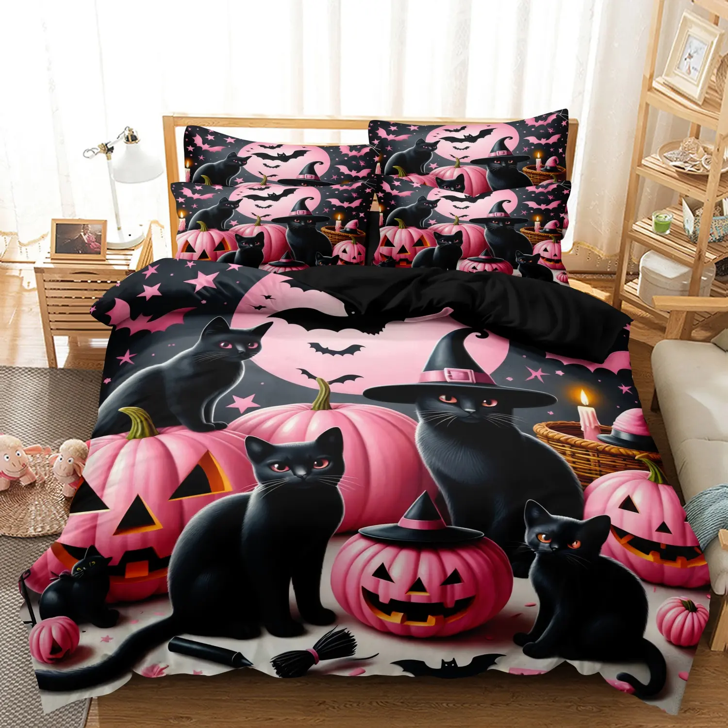  3 Pieces Pink Halloween Black Cat Print Duvet Cover Set, Pastel Pink Pumpkin Bat Cat Halloween Printed Bedding, For Bedroom Decoration, Multiple Sizes Available (1 Duvet Cover + 2 Pillowcases, No Comforter No Pillow)