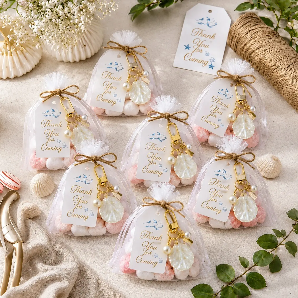 30pcs/10sets Pearl Shell Keychains for Baby Party, Ocean Theme Beach Keychain Gift Set, Includes Organza Bag, Thank You Tag, Jute Rope, Perfect for Baby Shower, Wedding, Birthday