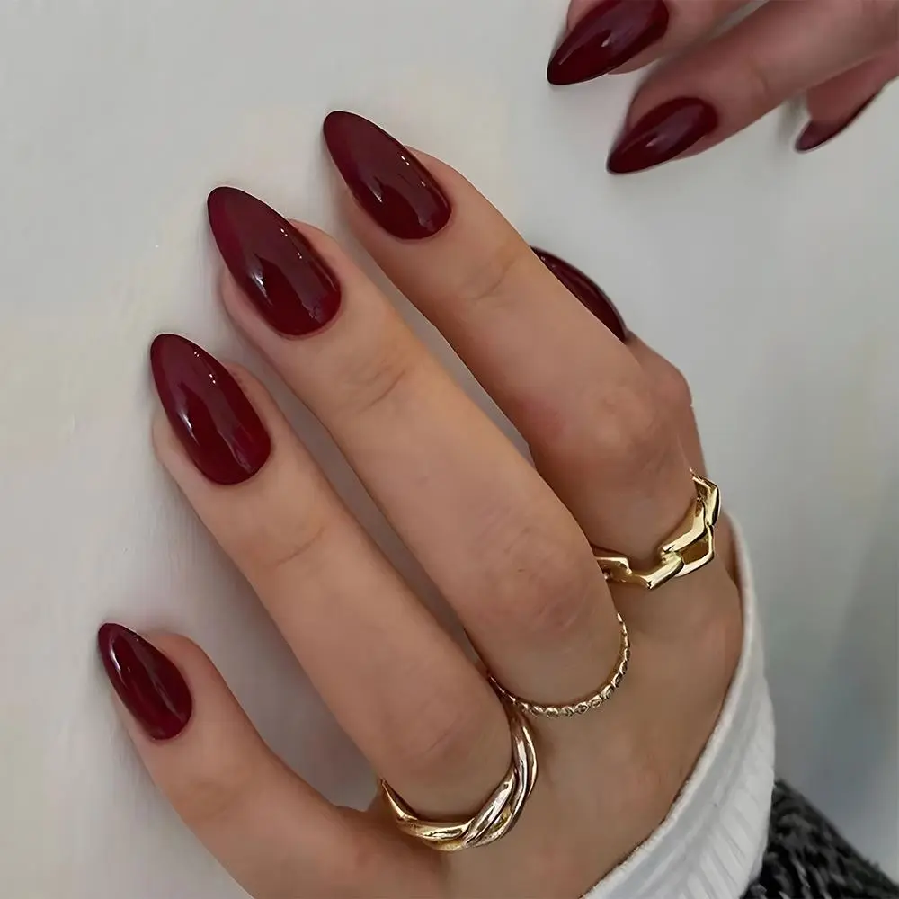 Women's Elegant Minimalist Solid Burgundy Press-On Fake Nails - 30-Pack Glossy Nails Art Decorative Accessories, Fashion & Costume Jewelry, No Warning Applicable