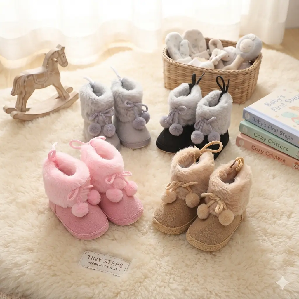 Toddler Baby Girls' Coral Fleece Warm Boots - Soft-Sole, Fluffy Look, Soft Fit, Non-Slip Solid Colors Winter Shoes for Newborn Infants