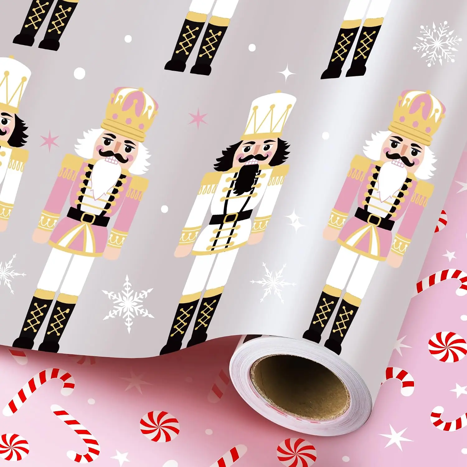 Wrapping Paper Roll,  Reversible Nutcracker and  Candy Cane  Wrap Paper, 17 Inch X 50 , Cute Funny Xmas Pearlized Paper for Chrsitmas, Valentine's Day, Graduation, Birthday, Wedding