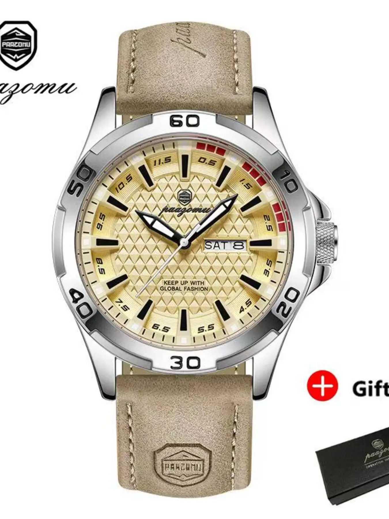 Paazomu Men's Luxury Watch, Waterproof Luminous Quartz Wristwatch, Stainless Steel Sporty Design, Date & Week Display, Fashionable Men's Timepiece, Casual Watch, Luminous Fashionable Dial, Quartz Analog Wristwatch, Fashionable Stylish Watch