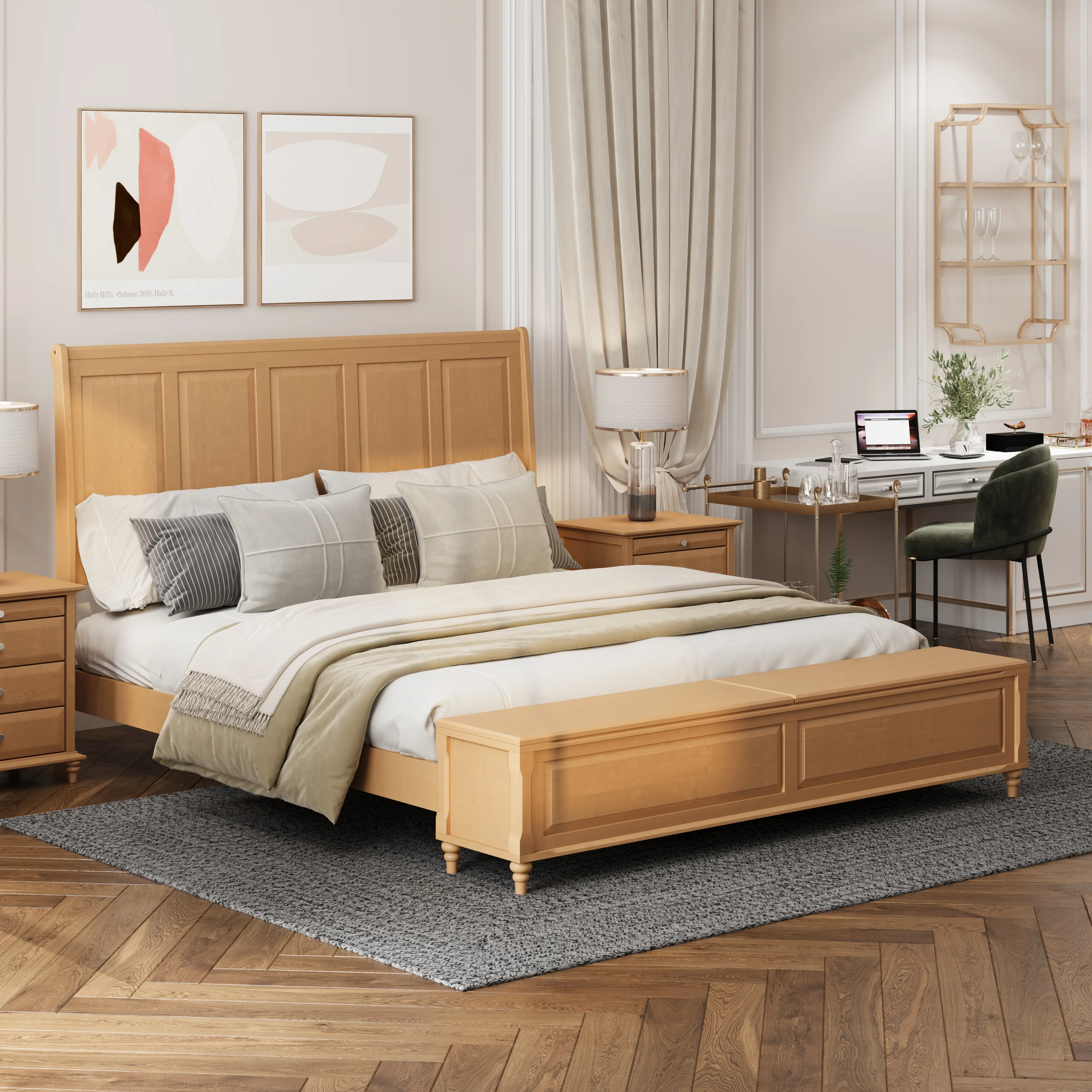 Nokaa King Bed Frame with Tall Headboard and Storage Bench, Solid Wood Sleigh Bed with 79" Storage Chest, No Box Spring Needed, Natural Finish, Sturdy Wooden Platform Bed with Underbed Storage, Bedroom Furniture Set