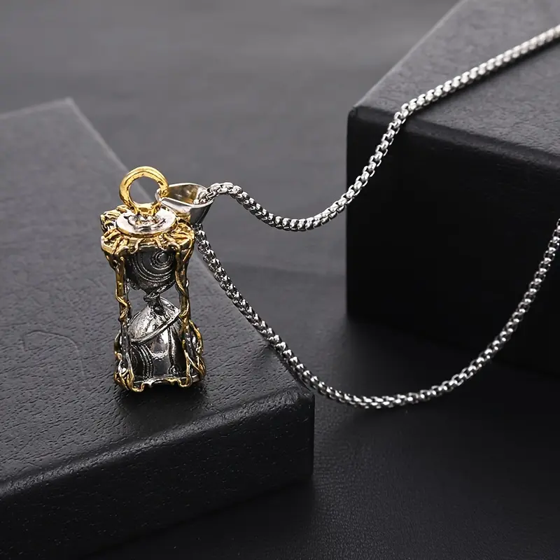 Men's Fashionable Retro Hourglass Snake-Shaped Pendant Necklace, Stainless Steel Chain, Alloy Metal Trendy Fashion Accessory