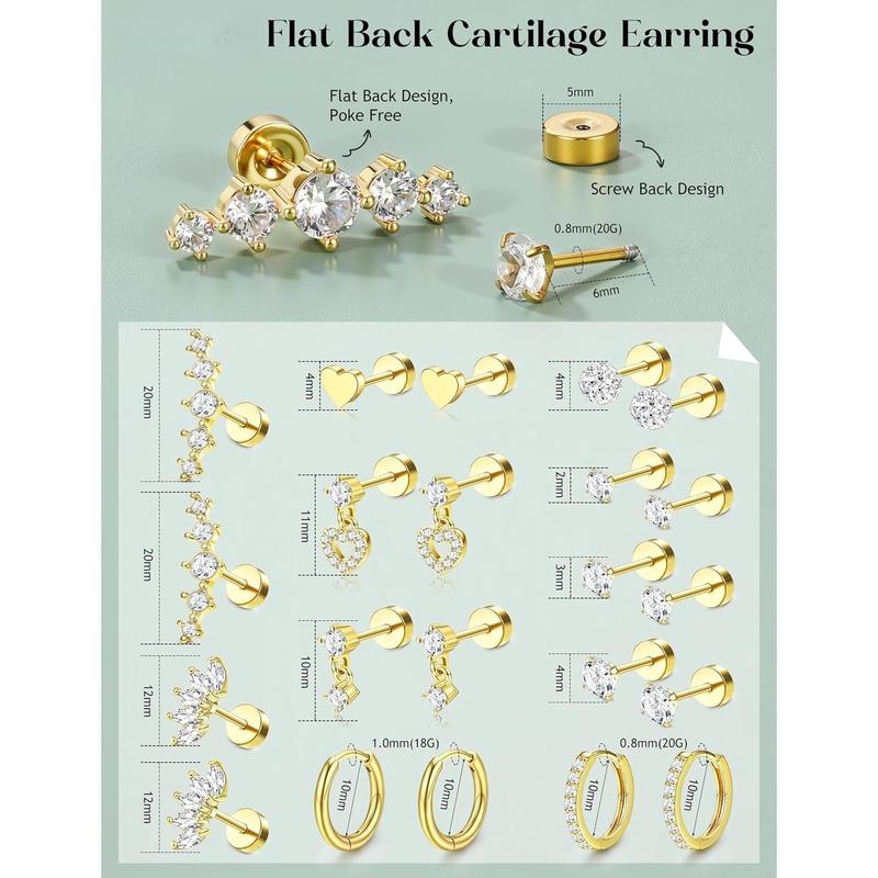 CASSIECA Flat Back Earrings for Women Cartilage Earrings Stacks-20G Surgical Stainless Steel Flatback Stud Hoop Earring Set Daith Conch Tragus Helix Piercing Jewelry CASSIECA Flat Back Earrings for Women Cartilage Earrings Stacks-20G Surgical Stainless Steel Flatback Stud Hoop Earring Set Daith Conch Tragus Helix Piercing Jewelry