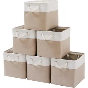 11 x 11 Inch Cube Storage Bins, 6 Pack Large Collapsible Fabric Storage Bin with Ropes, Foldable Storage Cubes for Home Office Closet, Clothes, Toys Organizer (White & Beige)