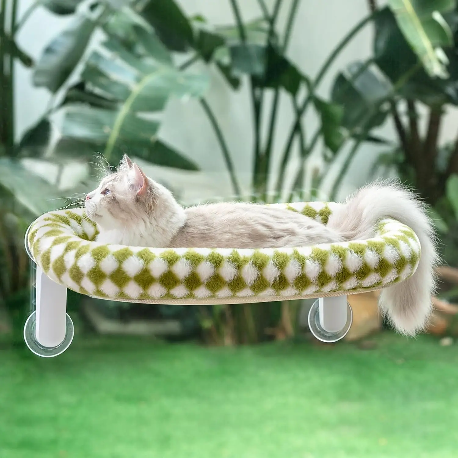 Foldable Cat Window Perch Bed - Hammock Shape Lounging Spot, Large Cats/Kittens Universal Fit Suction Cup Shelf Seat, Soft Machine-Washable Plush Cushion, 21.26*11.8in (Green, M)
