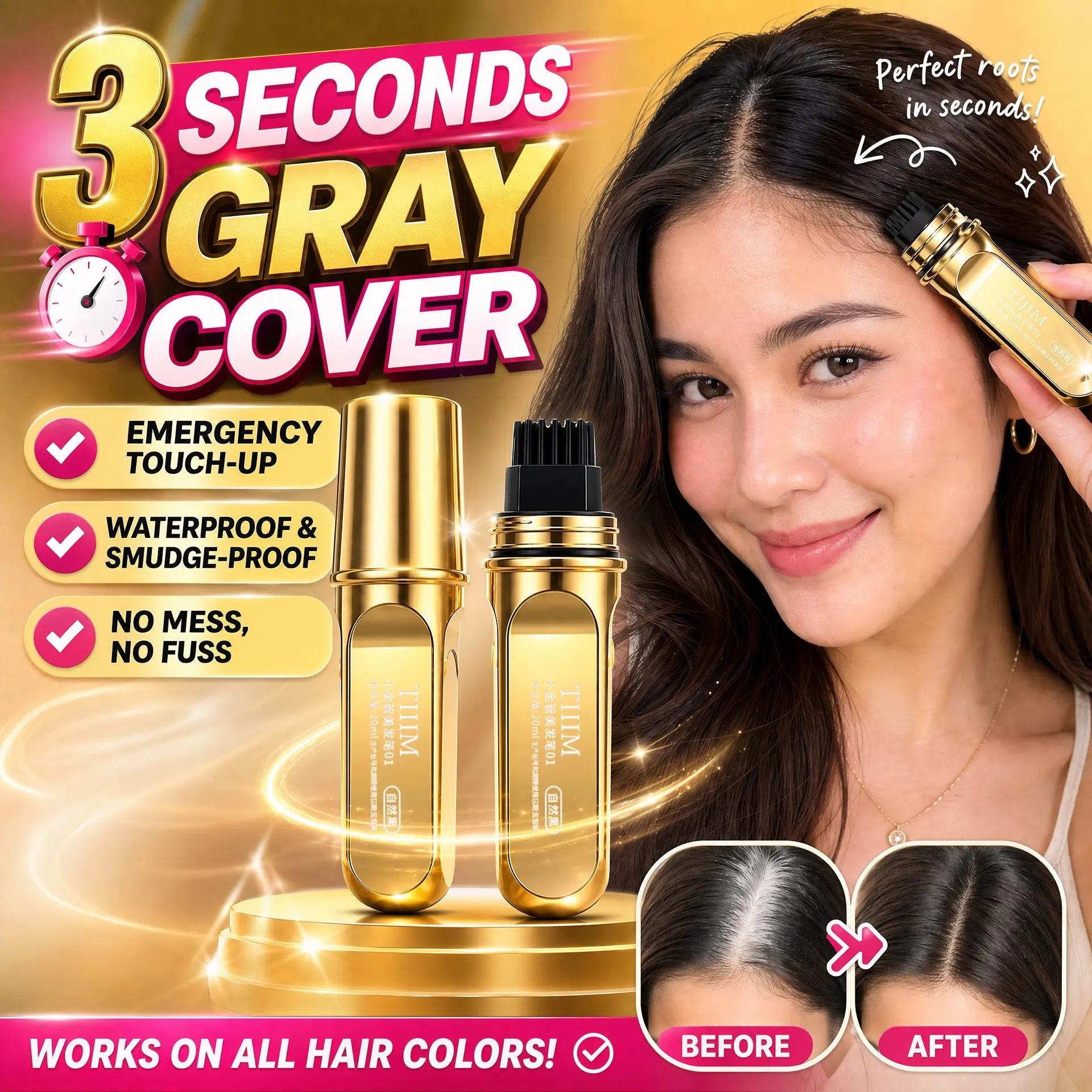 Pocket portable hair color touch-up stick equipped with  styling comb, two mainstream wearable shades target grey regrowth at hairline for casual daily hairstyle and unexpected formal social gatherings