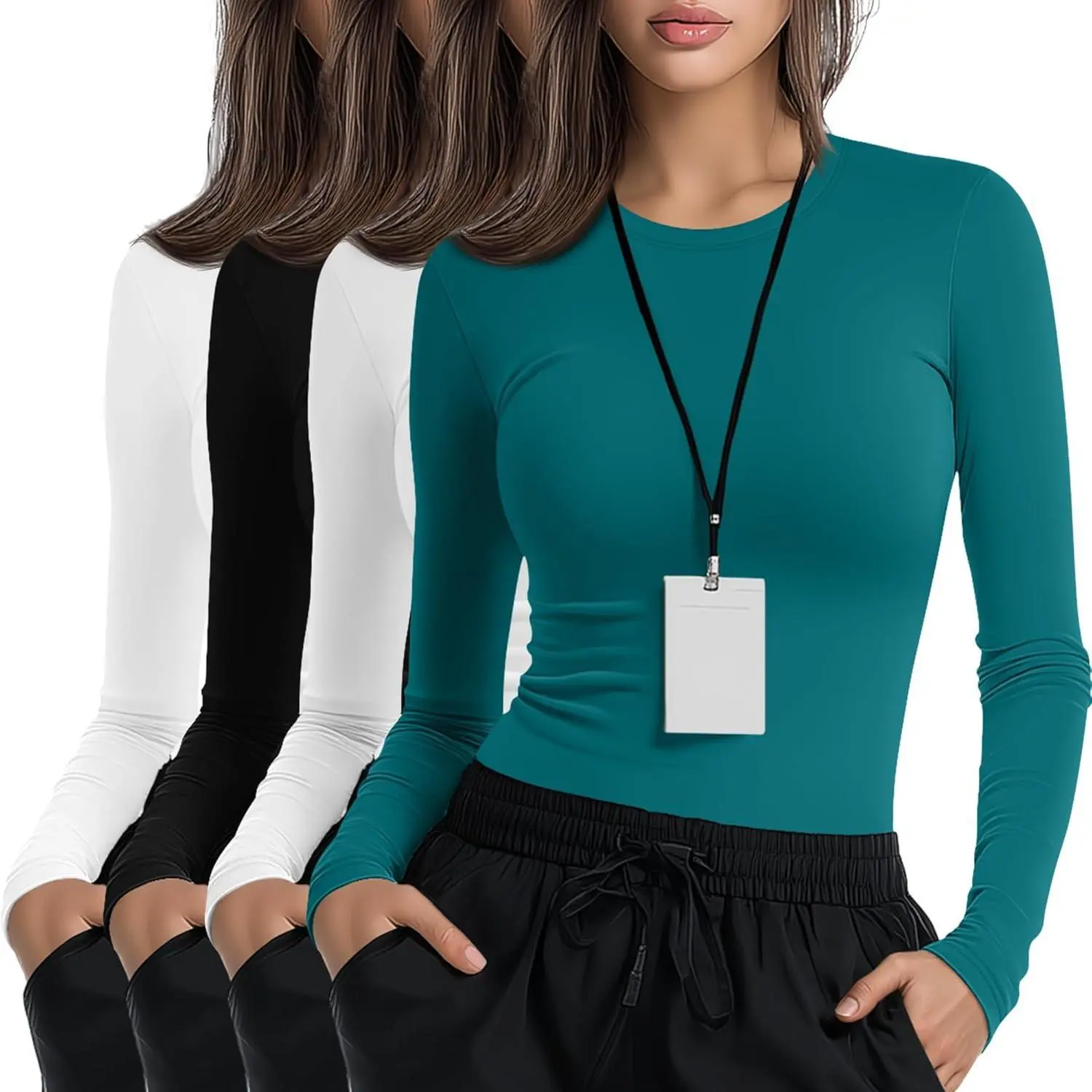Xaatren 4 Pack Women's Underscrub Shirts Nurse Undershirts Long Sleeve Crewneck Slim Fit Tops Soft Stretchy Basic Tee