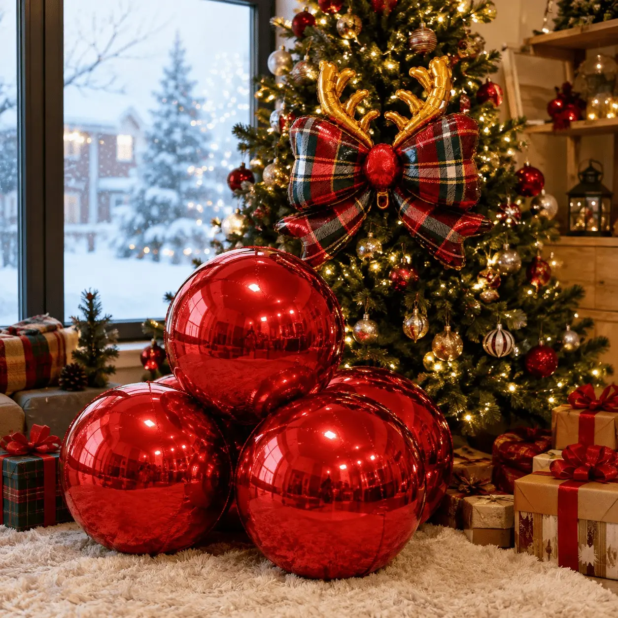 5pc Set - 32inch Christmas Bow Balloon, 32inch Red 4D Aluminum Film Round Balloon (1 bow +4 4D balls), Balloon Decorations Kit for Christmas Decoration, Halloween Decoration, Birthday Party, Photography Props, Party Props