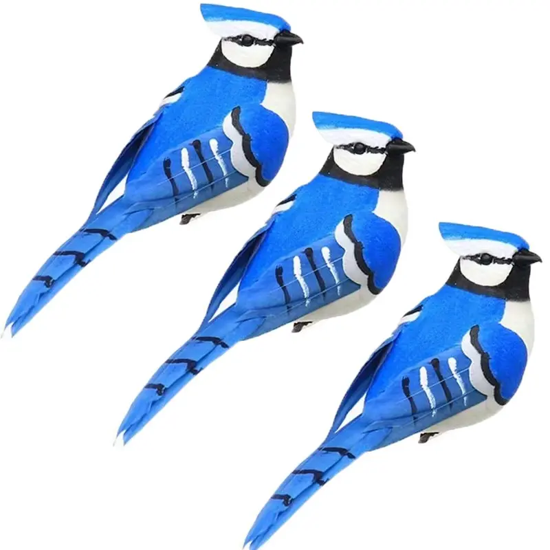 3pcs Handmade Blue Jay Decorative Birds, Realistic Feather Foam Filling, Home Garden Balcony Wreath Hanging, Christmas Tree Ornament, Wedding Gift
