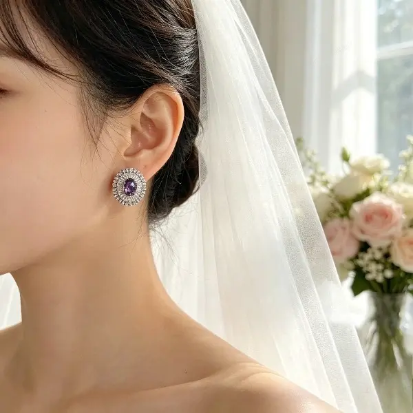Silver‑Tone Oval Purple Cubic Zirconia Stud Earrings, Halo Paved Crystal Statement Earrings, Elegant Party Wedding Jewelry Gift