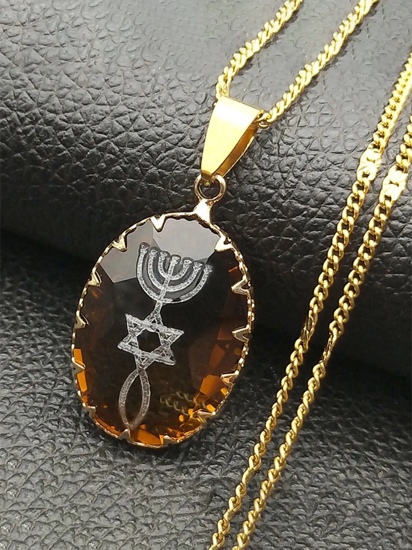 Menorah Star David Jewish Magen Judaica Hebrew Glass Necklace Faith Pendant for Women Men Stainless Steel Israel Faith Lamp Hanukkah