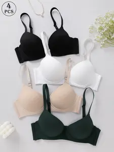4-Pack Women's Lingerie Bras, Underwire Medium Support, Adjustable Straps, Breathable Padded, Elegant Fitted Design, All Seasons