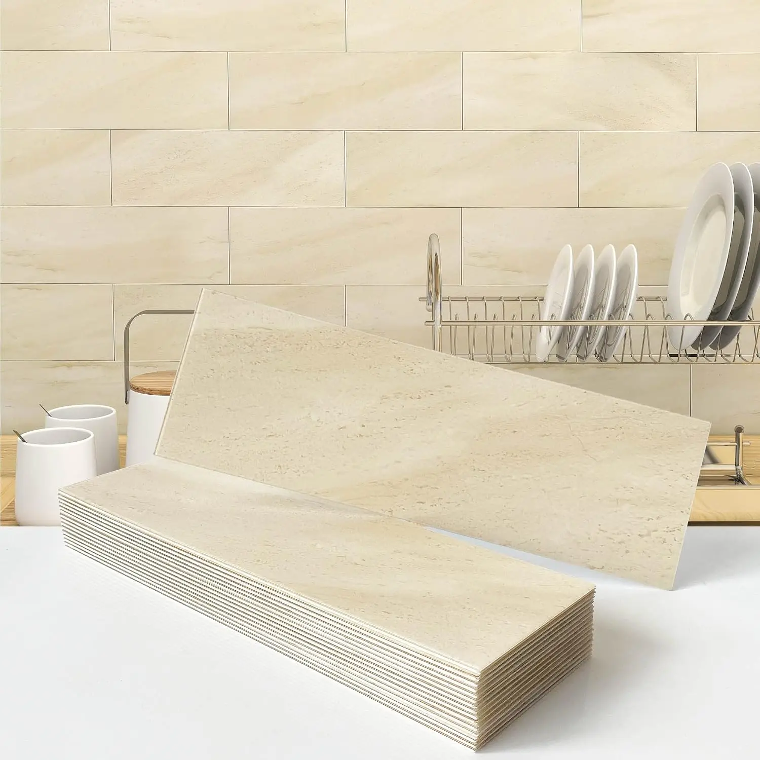 Peel and Stick Marble Subway Backsplash Tiles Matte 16 count Beige