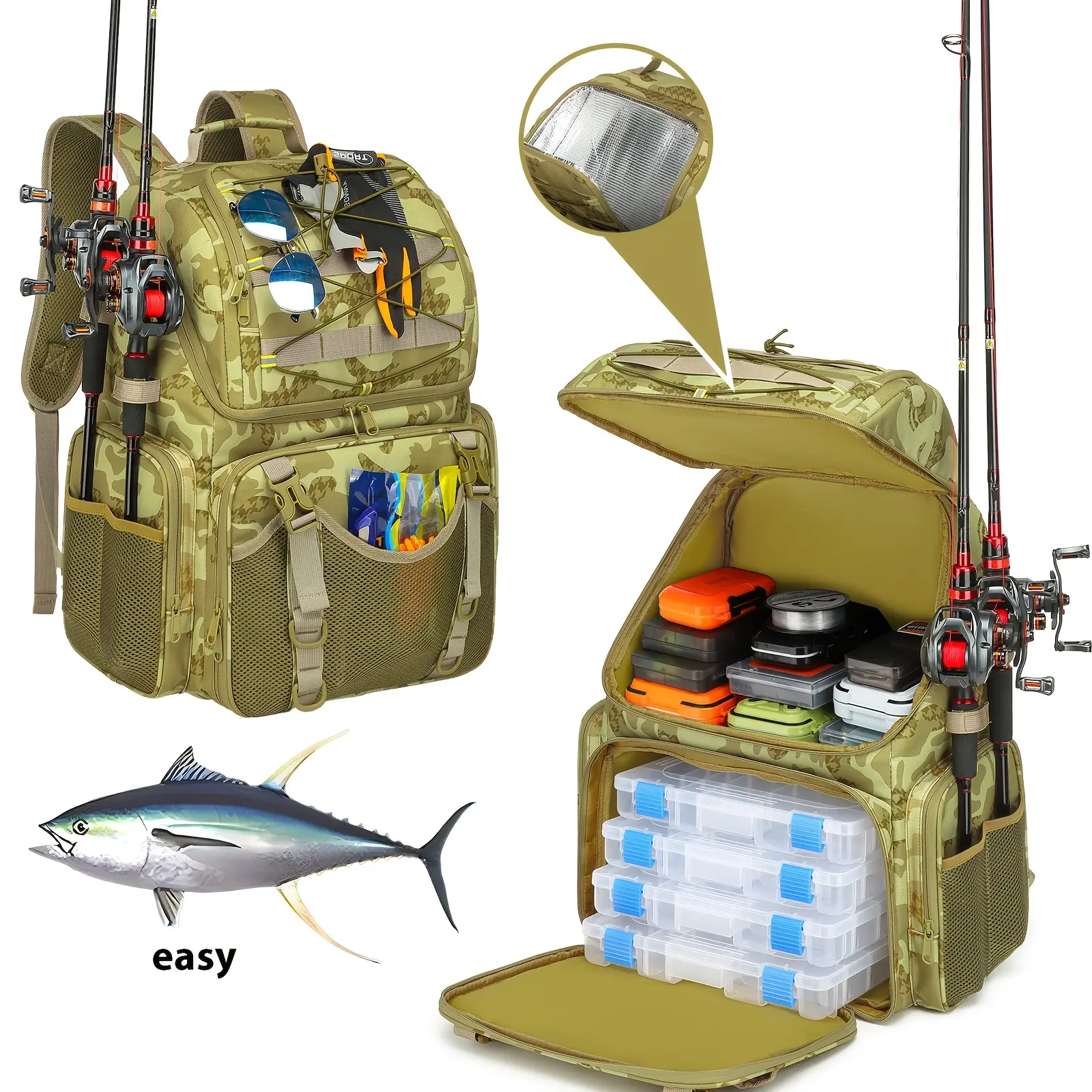 Adult Casual Backpack with Rod Holder - High-Capacity Tackle Organizer, Easy-Access Storage for Fishing Equipment, Portable Functional Bag for Adults’ Portable Accessories