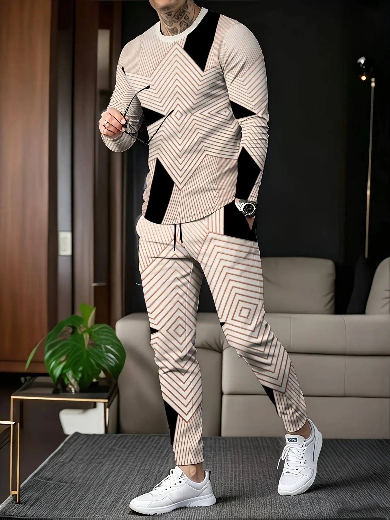 Men's 2 Piece Tracksuit Geometric Diamond Line Print Long Sleeve Crew Neck Top & Drawstring Cuffed Jogger Pants Casual Streetwear Matching Co Ord Set