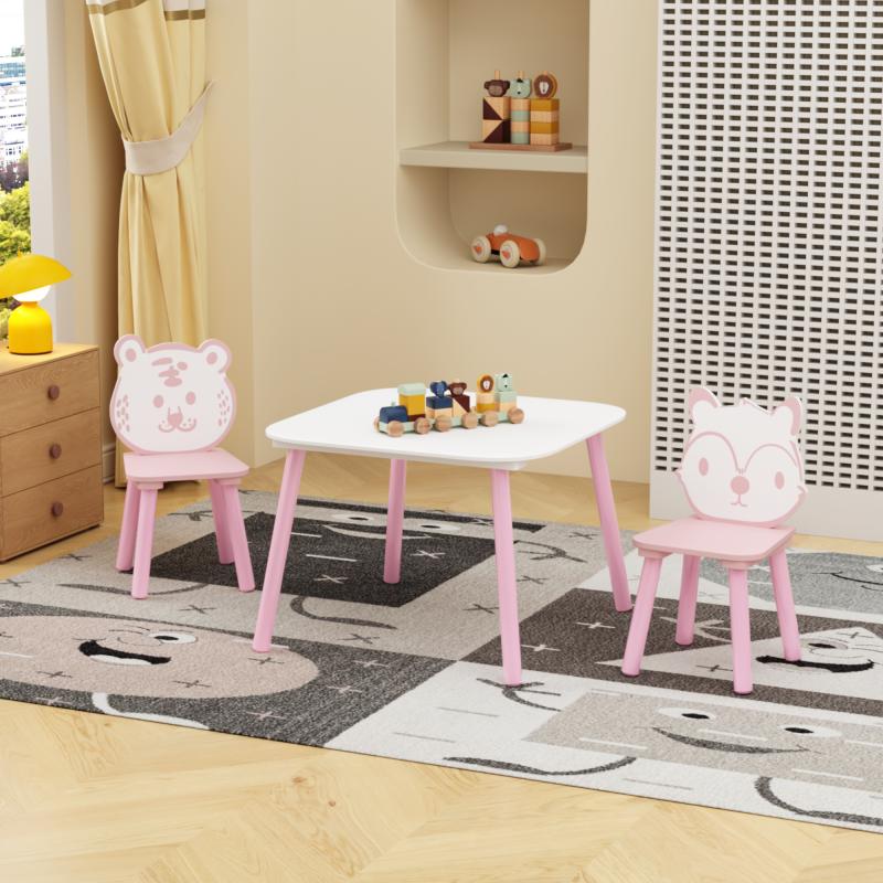 Kids Table and Chair Set, 3-Piece Wooden Toddler Desk with Animal Backrest, Activity Table for Drawing, Learning,Playroom or Nursery(Pink&White)