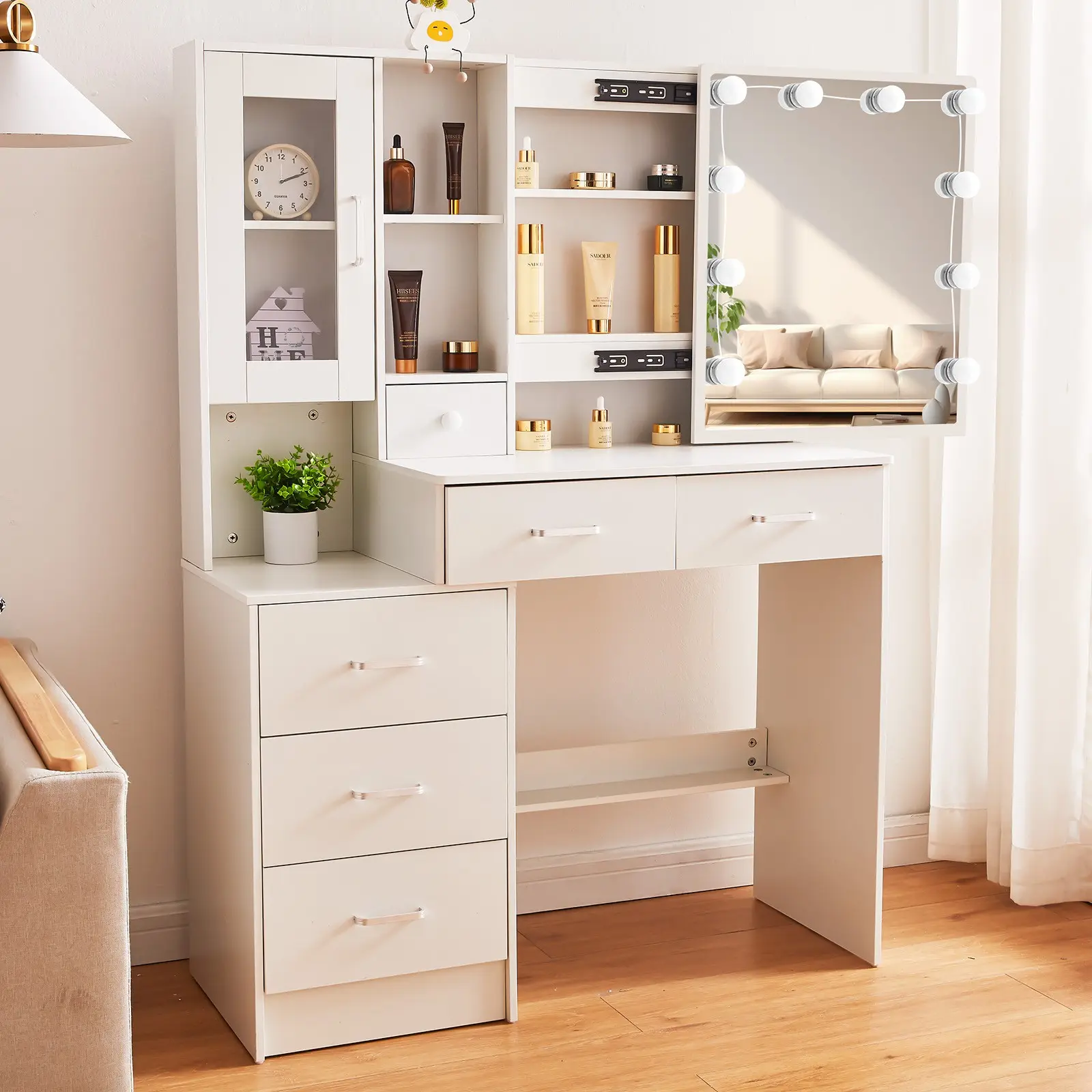 Modern Makeup Vanity Desk Set - Sturdy LED Sliding Mirror with 3 Color Light Modes, 6-Drawer Organize with Glass Drawer View, 8-Shelves Display, Rectangular Indoor Vanity Furniture for Dressing Room Organization