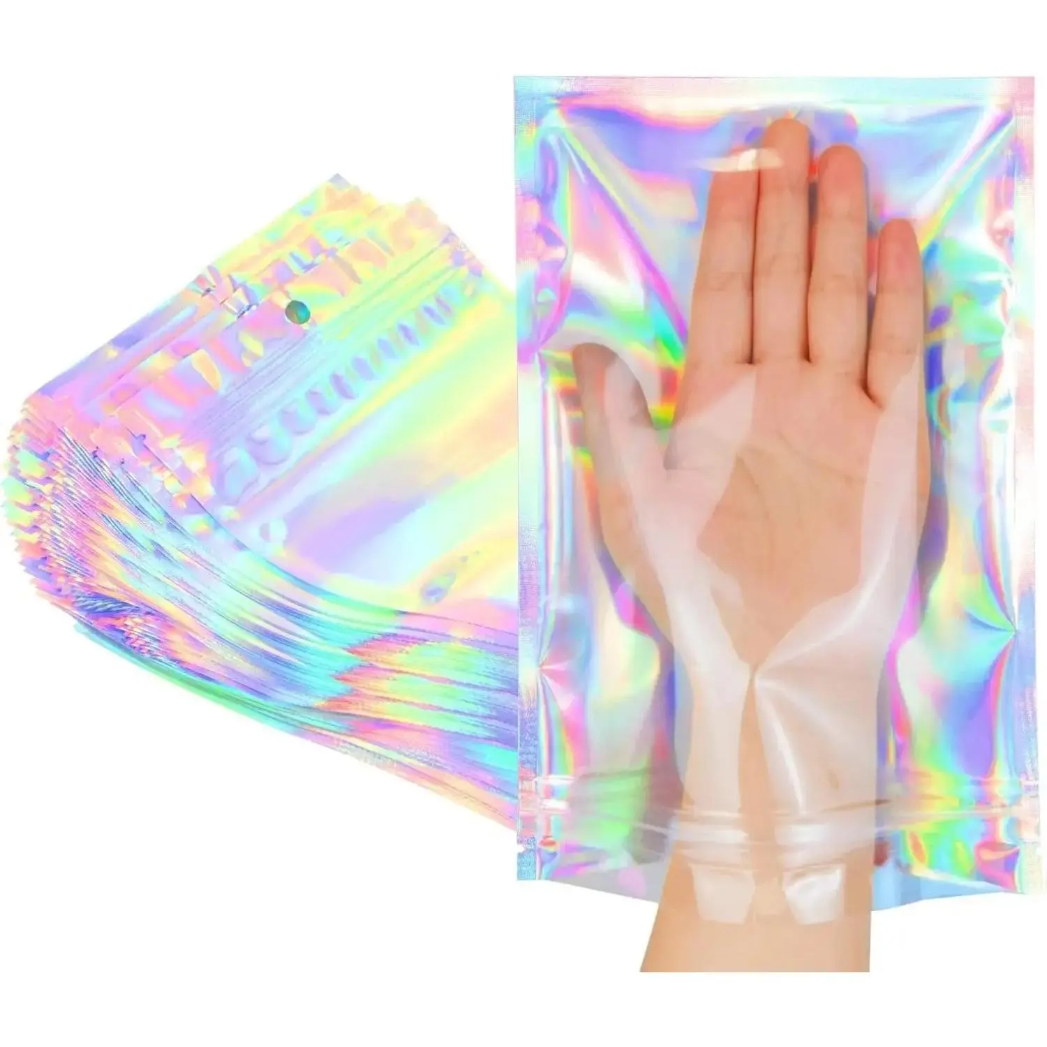 Reusable Hologram Plastic Airtight Smell-Proof Leak-Proof Resealing Storage Bags - 50pcs 6x9in Mylar Foil Pouches for Party Favor Bags, Gift Wrapping, Food Storage