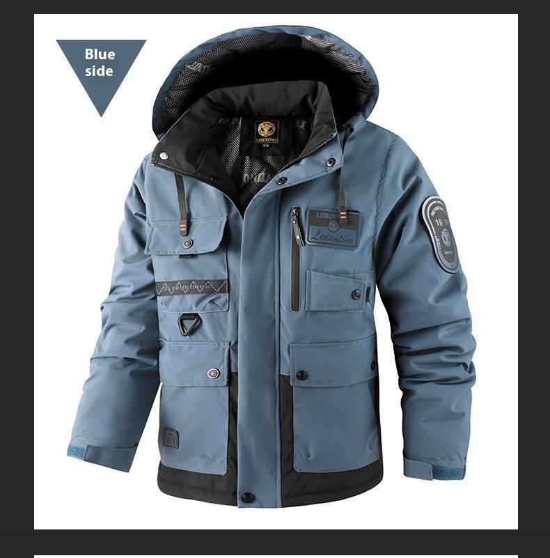 BIGWIG men's autumn and winter hooded parka, thickened warm work jacket, multi-pocket work top, windproof and waterproof cotton clothing, sports hooded jacket, cotton warm soft shell clothing, outdoor camping outdoor jacket