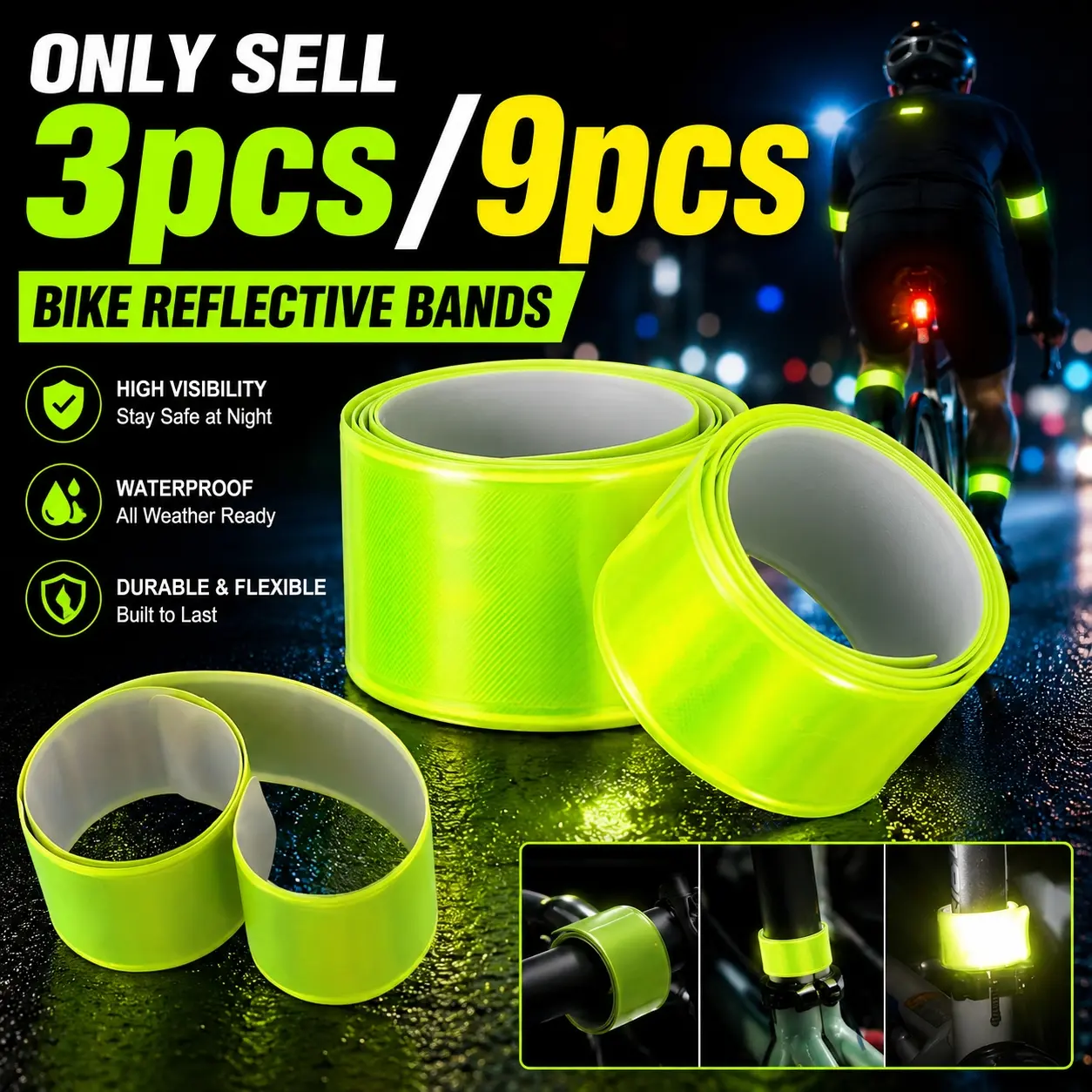 9pcs/3pcs fluorescent handlebar straps for bicycles, suitable for night riding, running, and walking pets, compatible with mountain, road, and city bike handlebars