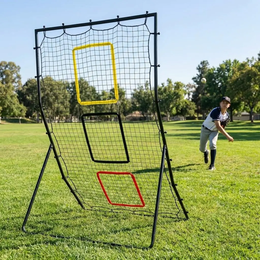 Baseball Rebounder Net, 72x48 Inch Adjustable Angle PE Net Pitch Back with 3 Marker Zones, Solo and Team Fielding Training Equipment Baseball Net