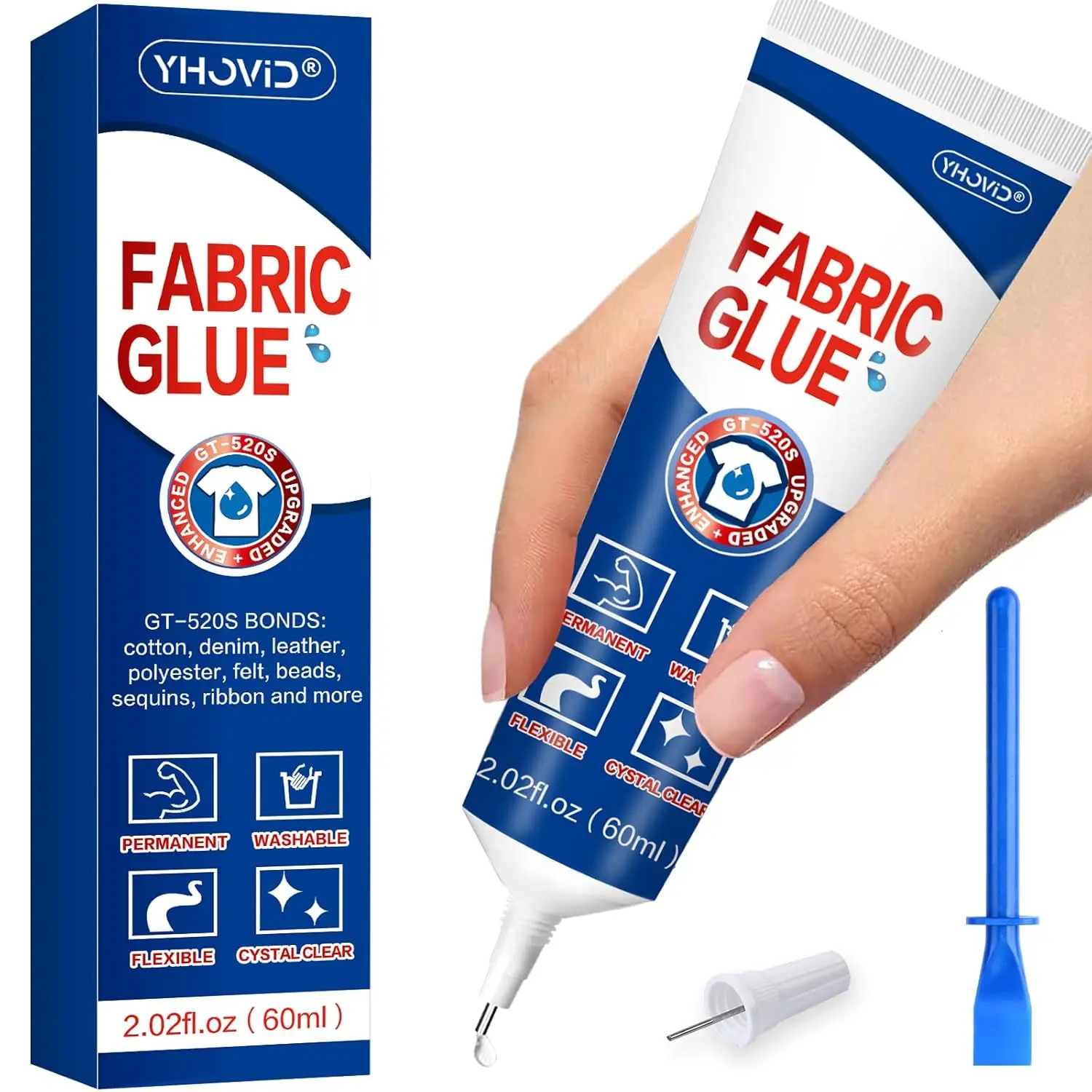 Fabric Glue for Clothing Permanent Washable, 60ML Liquid Stitch, Fabric Adhesive, Anti-Fray Check, Super No-Sew Clear Fabric Glue for Patches, Clothes, Rhinestones, Graduation Cap, Fabric, Purses
