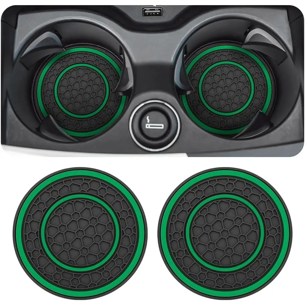 2 count 2.75 Inch  Anti-Dust Cup Holder Coasters, Green | non-slip surface, heat-resistant insert, shock-absorbing design, water-resistant, wipe-clean care, interior accessories