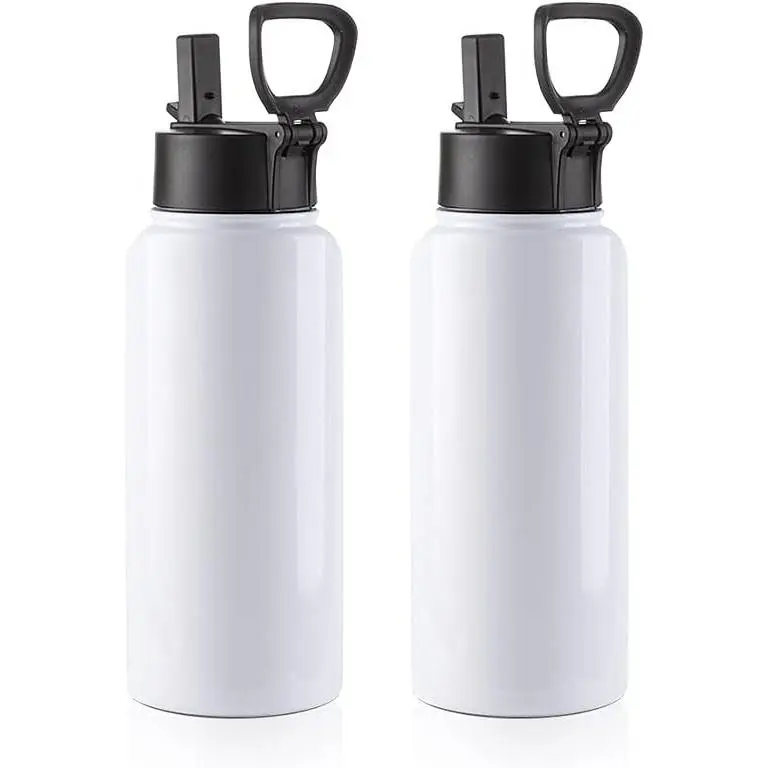 32 fl oz Portable Blank Stainless Steel Sublimation Water Bottle Set of 2 - Double Wall Vacuum Insulated, Blank Surface, with Straw & Handle, for Travel Use, DIY Personalized Gifts