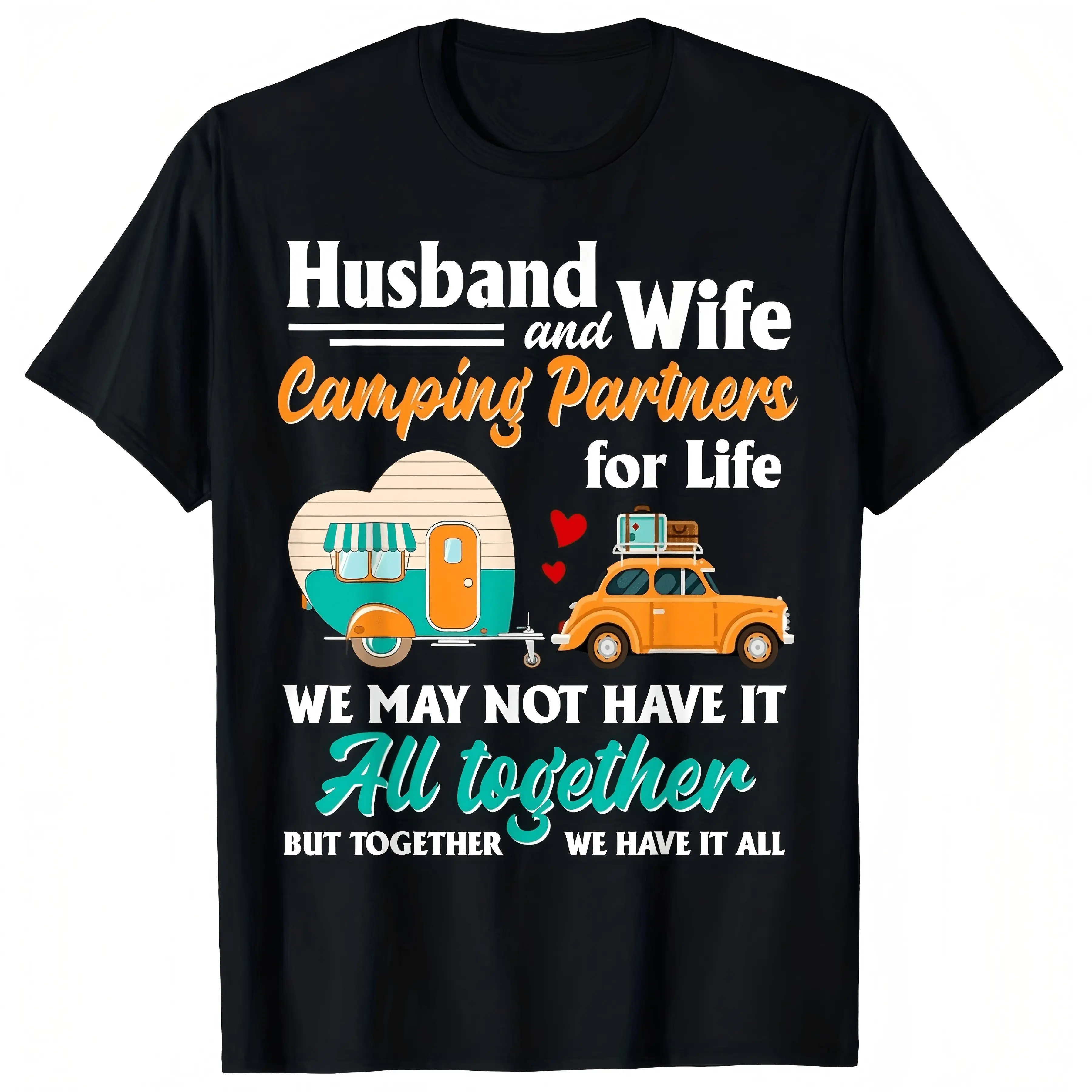 "Husband And Wife Camping Partners For Life" Couple Graphic T-Shirt for Men Women – Soft Stretch Cotton Crew Neck Short Sleeve, Retro Heart Camper Trailer Tee, Regular Fit Outdoor Streetwear, All Season Casual Wear, Machine Washable