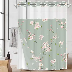 1pc hookless shower curtain with liner, green branch light green base design 2D flat printing, fabric waterproof liner Printed shower curtain with window, double-layer shower curtain, 71 x 74 inches, modern home curtain decoration