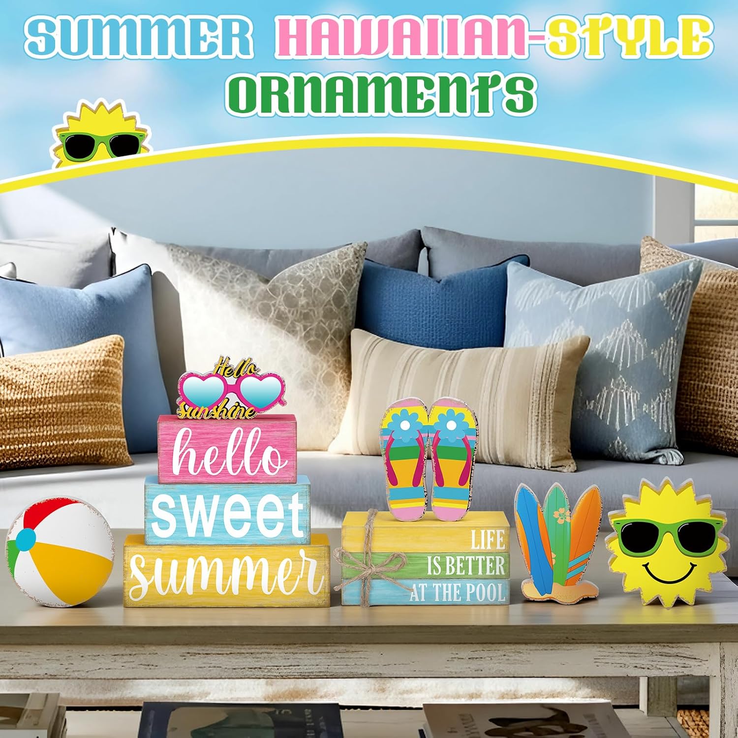 11 Pcs Summer Hawaiian Table Decorations Set Summer Tiered Tray Decor Flip Flops Centerpiece Faux Book Stack Block for Table Home Office Decorations