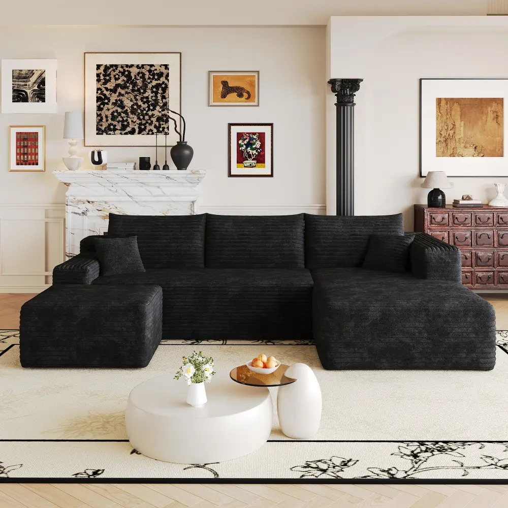 103" Cloud Sectional Sofa, L Shaped Modular Couch for Living Room, Modern Minimalist Deep Seat Corner Sofa with Reversible Chaise, Plush Corduroy Fabric Upholstered Couch, No Assembly Required, Black