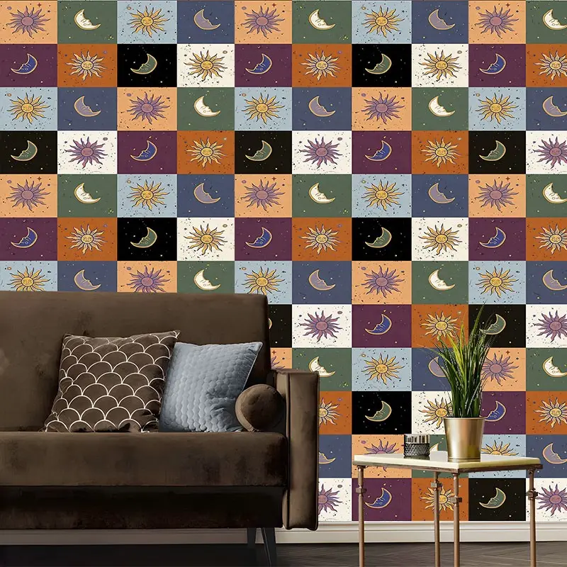 Retro Celestial Check Peel And Stick Wallpaper,Boho Wallpaper Removable Self Adhesive Contact Paper for Bedroom, Aesthetic Wall Paper Roll, Ideal Gift for Boho Home Decor Lovers