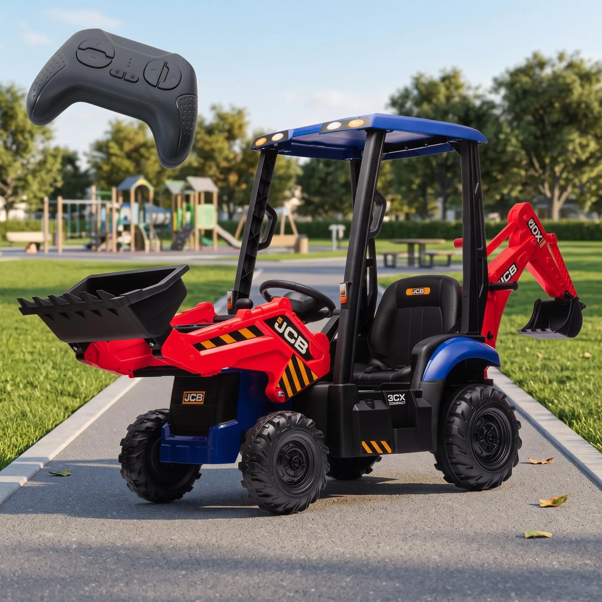 【IdealHouse】4 in 1 Licensed JCB 12V Kids Electric Ride On Car, Convertible Excavator, Bulldozer & Tractor with Remote Control, Adjustable Seat, Removable Tent, Front Loader, Digger Function, Horn and Durable EVA Tires