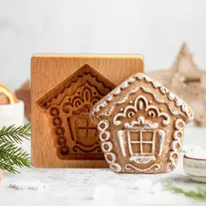 Carved Wooden DIY Cookie Mold Embossing Press Stamp Cutter Baking Tool for Gingerbread (House)