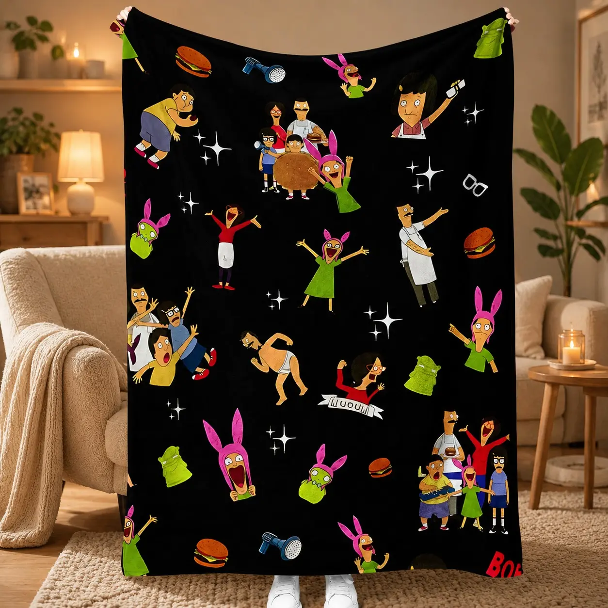 Bob’s Burgers Characters Flannel Throw Blanket, Soft Cozy Warm Fleece Blanket, Cartoon Pattern for Couch Sofa Bed, Halloween Gift
