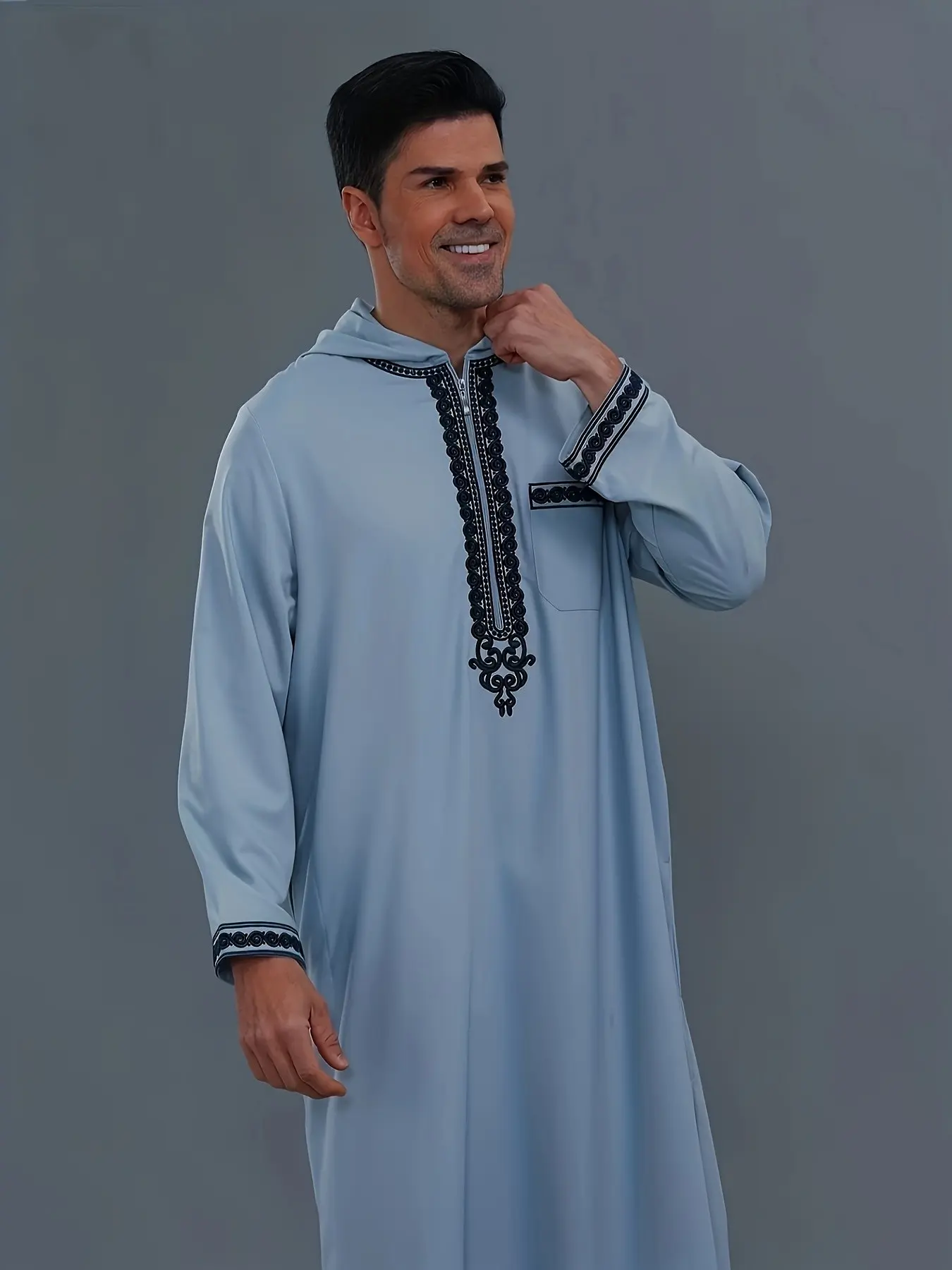 Moroccan Style Hooded Men's Jellaba Robe, Elegant Embroidered Front and Sleeve, Loose Fit Large Size Islamic Robe, Home and Mosque Wear