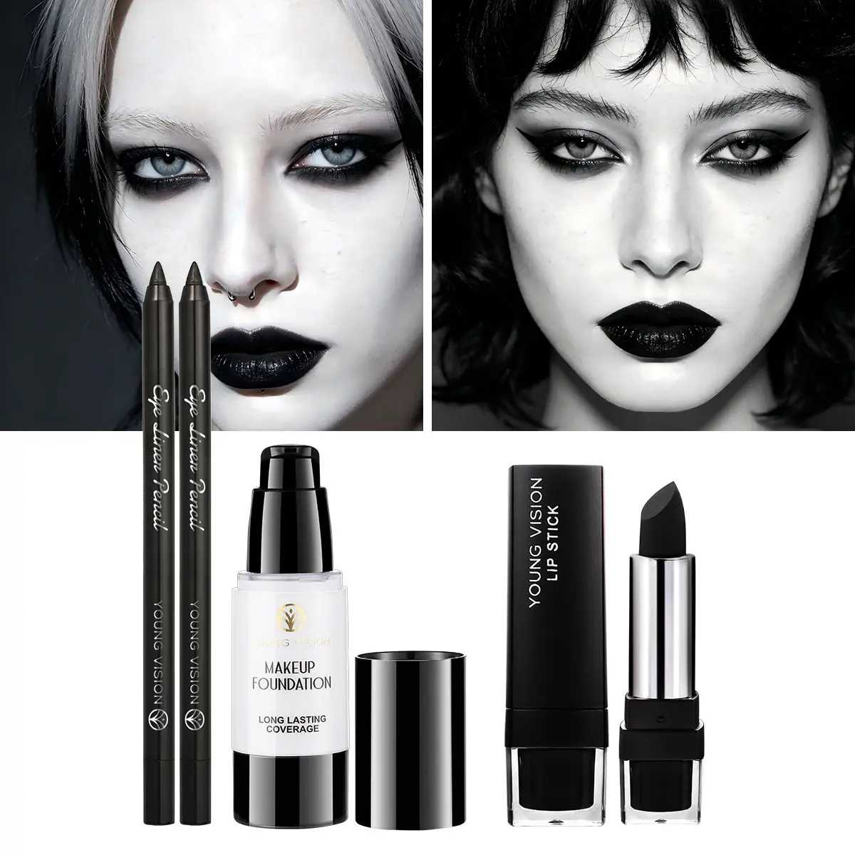 YOUNG VISION Gothic Cosplay Makeup Set, High Coverage Foundation, Bold Lipstick, Two Eyeliner Pens, Dark Smoky Eye Look